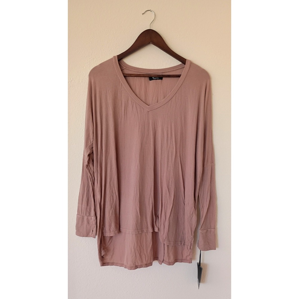 Michael Lauren V-Neck High-Low Ribbed Long Sleeve Top Tan S Relaxed Fit Layering